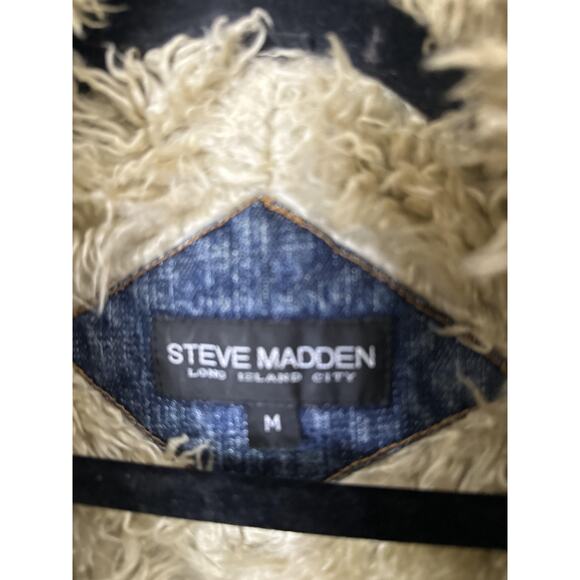 VTG Steve Madden Coat Womens Medium Blue Denim Faux Shearling Lined Long Y2K - Picture 7 of 10